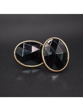Vintage Black Glass & Bronze Oval Clip-On Earrings With Art Deco Design